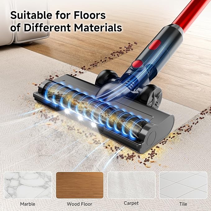Cordless Vacuum Cleaner for Home - Lightweight, Stick Vacuum Clean with Rechargeable Battery, Max 45Mins Runtime, 8 in 1 Handheld Vacuum for Hardfloor & Carpets Pet Hair, Red&Black