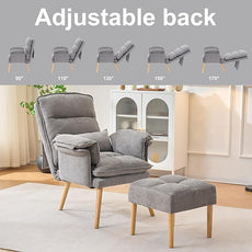 Modern Adjustable Accent Chair with Ottoman, Soft Fabric Reading Chair with Adjustable Backrest and Pillow, Comfy Lounge Chair with Armrests for Living Room, Bedroom, Apartment, Office, Dorm,Grey