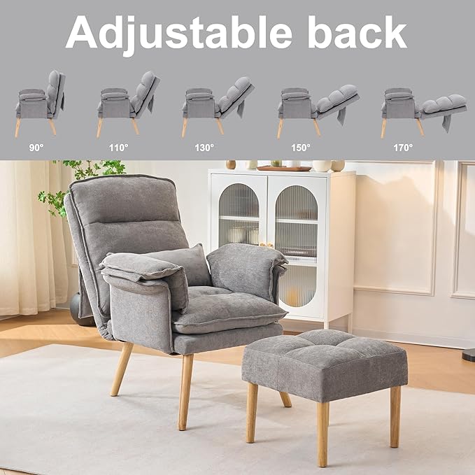 Modern Adjustable Accent Chair with Ottoman, Soft Fabric Reading Chair with Adjustable Backrest and Pillow, Comfy Lounge Chair with Armrests for Living Room, Bedroom, Apartment, Office, Dorm,Grey