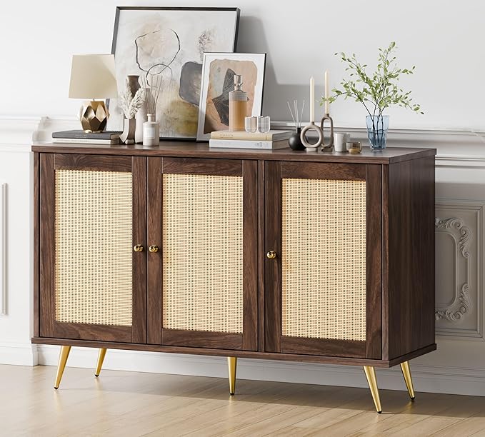 JAMFLY Buffet Cabinet With Storage, Kitchen Storage With 3 Rattan Decorated Doors, Accent Sideboard for Dining Room, Living Room, Entryway, Hallway, Walnut
