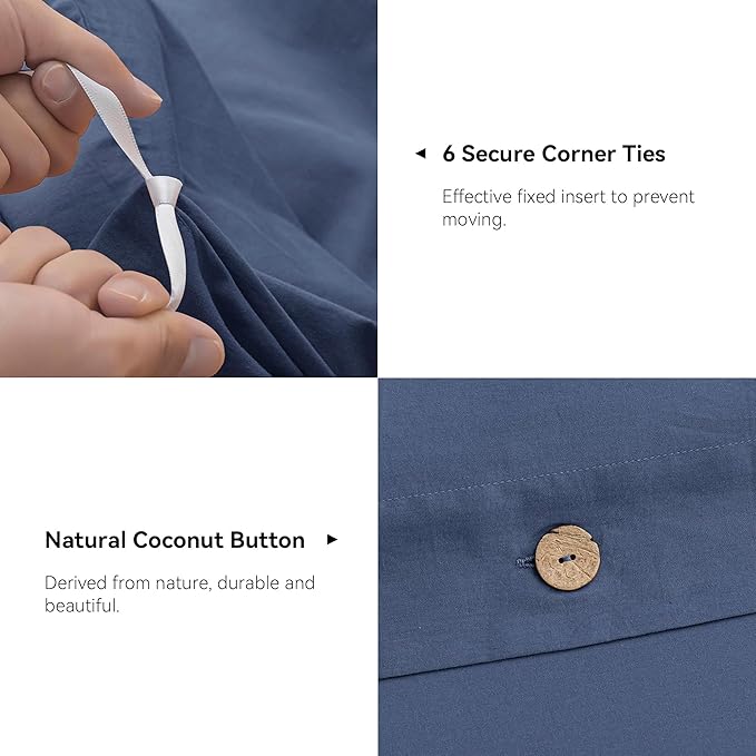 JELLYMONI Cotton Duvet Cover Twin Size - Blue Comforter Cover with Button 100% Washed Cotton 2PCS Breathable Soft Solid Bedding Set Duvet Cover 68×90in & 1 Pillowcase (NO Comforter)