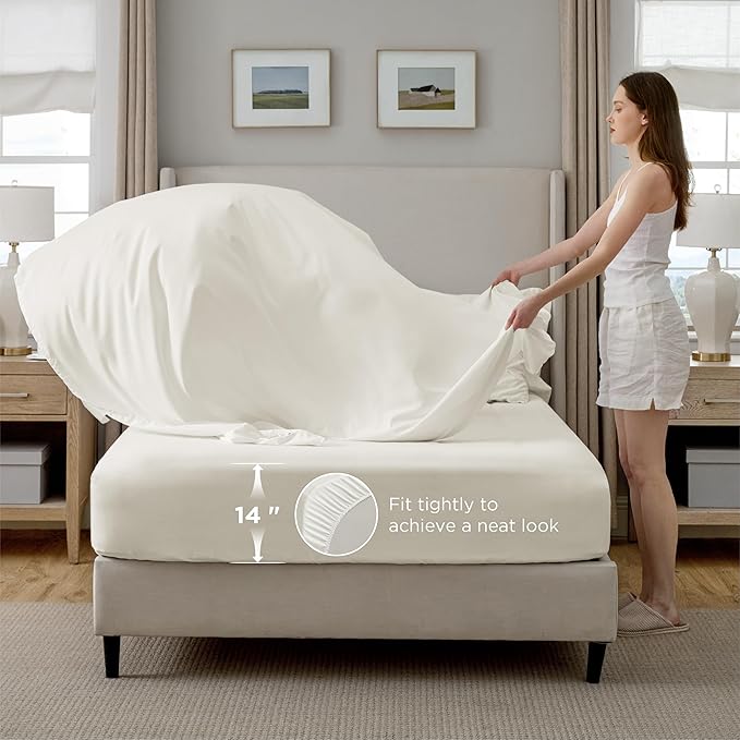 Bedsure Queen Comforter Set Ivory - Bed in a Bag Queen Size Bedding 7 Pieces, GentleSoft™ Pintuck Bed Set Gift for Family, Pinch Pleat All Season Comforter with Sheets, Pillowcases & Shams