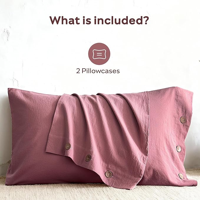 JELLYMONI 100% Washed Cotton Standard Pillowcases Set, 2 Pack Linen-Like Texture Breathable Pillow Covers with Button Closure,Maroon Standard 20"×26"(Pillows are not Included)