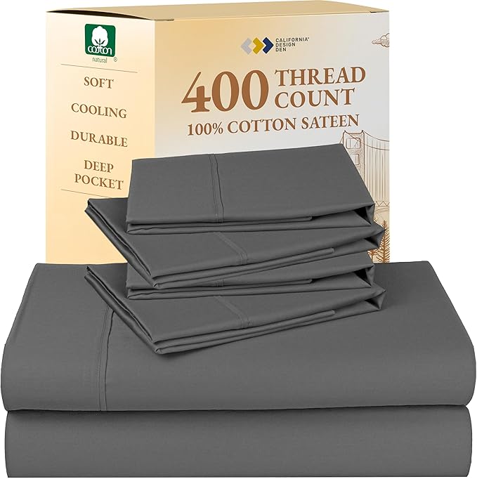 California Design Den 6-Pc Queen Size Sheet Set with 4 Pillowcases - 400 Thread Count 100% Cotton Sheets, Sateen Weave, Deep Pocket Bedsheets Set - Grey CaliforniaDesignDen