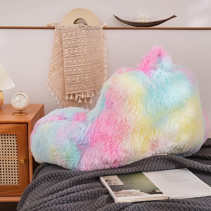 A Nice Night Faux Fur Reading Pillow Bed Wedge Large Adult Children Backrest with Arms Back Support for Sitting Up in Bed/Couch for Bedrest,YellowPink