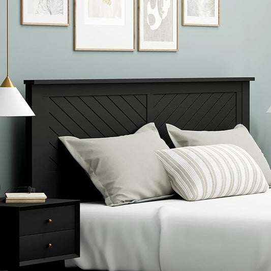 Serene Poplar Wood King Size Headboard in Black, Modern Farmhouse Panel with Chevron Scoring, Casual Coastal Style, Easy Assembly, Quality Materials