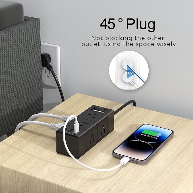 10Ft Extension Cord Flat Plug Power Strip - Tcstei 3-Side Outlet Extender with 6 AC Outlets and 3 USB Ports (1 USB C), Compact for Home, Office, Dorm Room Essentials, Black