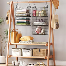 5 Tier Closet Hanging Organizer, Clothes Hanging Shelves with 4 Hanging Hooks 5 S Hooks, Wire Storage Basket Bins, for Clothing Sweaters Shoes Handbags Clutches Accessories Patent Design