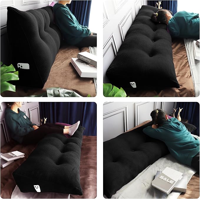 WOWMAX 100% Cotton Corduroy Headboard Pillow – King Size Back Support Reading Wedge for Bed & Daybed, Plush Handmade Bolster Cushion with Removable Cover, Cozy Bed Rest Pillow, Black