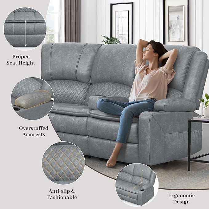 Manual Reclining Sectional Sofa Set, 6 Seats Soft Leather Recliner Corner Sectional Couch, Family-Sized L-Shaped Recliner Couch with USB Charging, Thickened Padding, Sturdy Frame, Grey