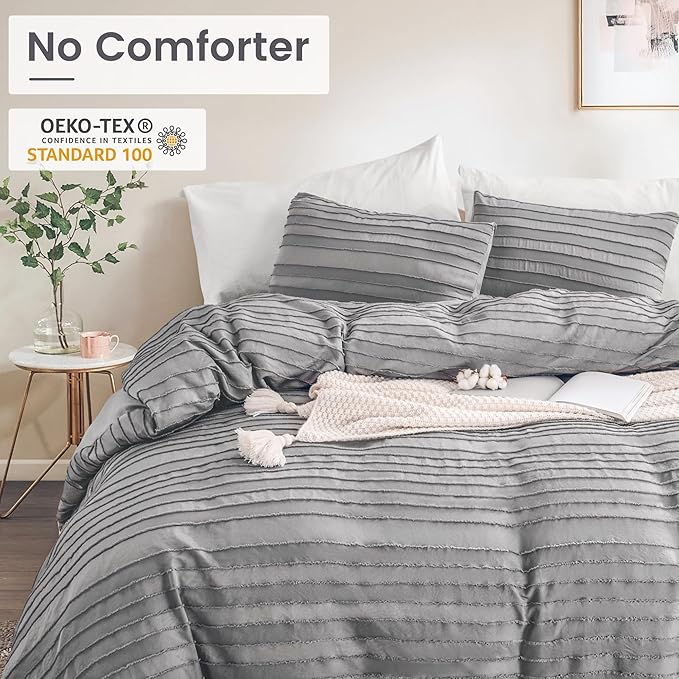 NEXHOME PRO Duvet Cover Queen Size, Grey 3 Pieces Boho Tufted Duvet Cover Set, Soft and Lightweight Microfiber Comforter Cover Set for All Season (Grey Queen, 90 x 90)-No Comforter