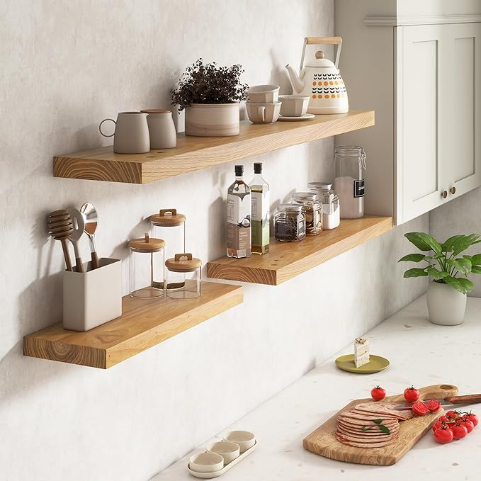 Elm Floating Shelves for Wall Decor, Rustic Solid Wood Shevles Wall Mounted with Invisible Bracket for Living Room Bathroom Bedroom Kitchen, 36 Inch Set of 2, Natural