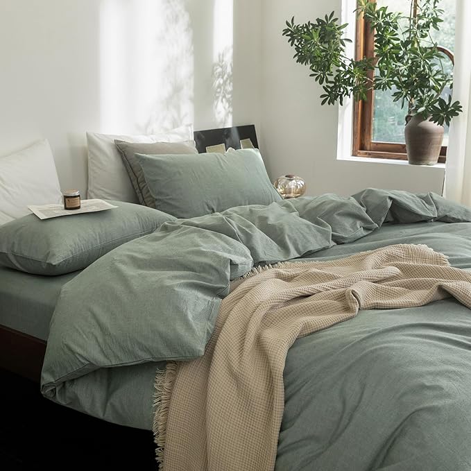 FOSSA Duvet Cover Set 100% Washed Cotton Linen Feel Super Soft Breathable Cozy Simple Style 3 Pieces Bedding Sets Solid Heathered Green Queen