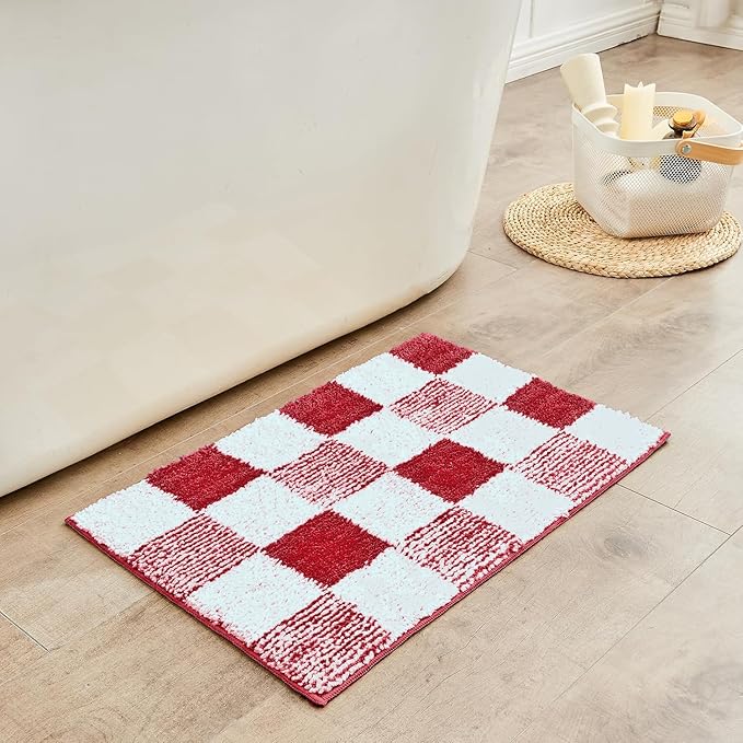 CozeCube Bath mats for Bathroom Non Slip, Fluffy Absorbent Microfiber Bath mat Washable, Aesthetic Bathroom Rugs, Small Christmas Red Checkered Bath mat, Christmas Red, 24" x 16"