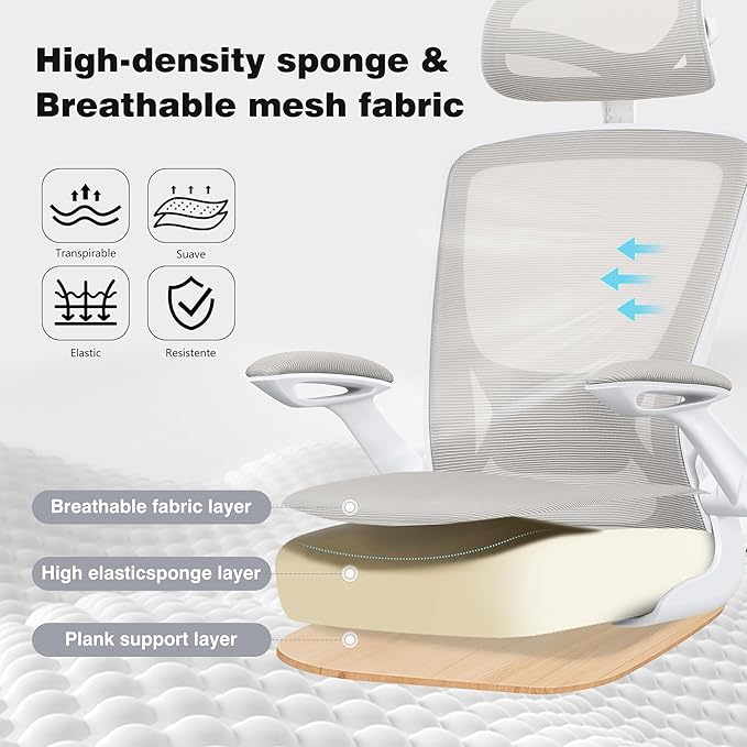Office Desk Chair, Ergonomic Mesh Office Chair with Adjustable Lumbar Support, Headrest, Flip-up Armrests, Comfortable Computer Chairs for Home, Work, Gaming, Light Gray