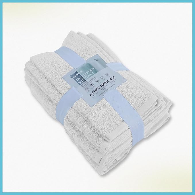 Martex 6-Piece Towel Set – Ultimate Performance – 100% Cotton – 2 Bath Towels – 2 Hand Towels – 2 Wash Cloths – Versatile – Low-Linting – Supersoft & Absorbent Bathroom Set – Easy Care – Optical White