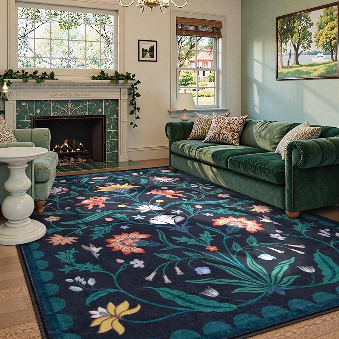 Lahome Boho Floral Washable Dark Blue 8x10 Area Rugs for Living Room, Non Slip Rugs for Bedroom, Ultra-Thin Indoor Throw Dining Room Carpet for Under Table Home Office Farmhouse(Dark Blue,8x10)