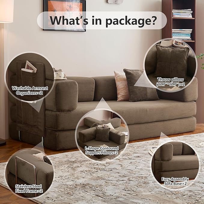 78.8" Convertible Sofa Bed -Compression Sofa with Corduroy Fabric - with Armrests and Backrest - Modular Sectional for Living Room, Bedroom, Studio - Compression Sofa in Box (Brown)