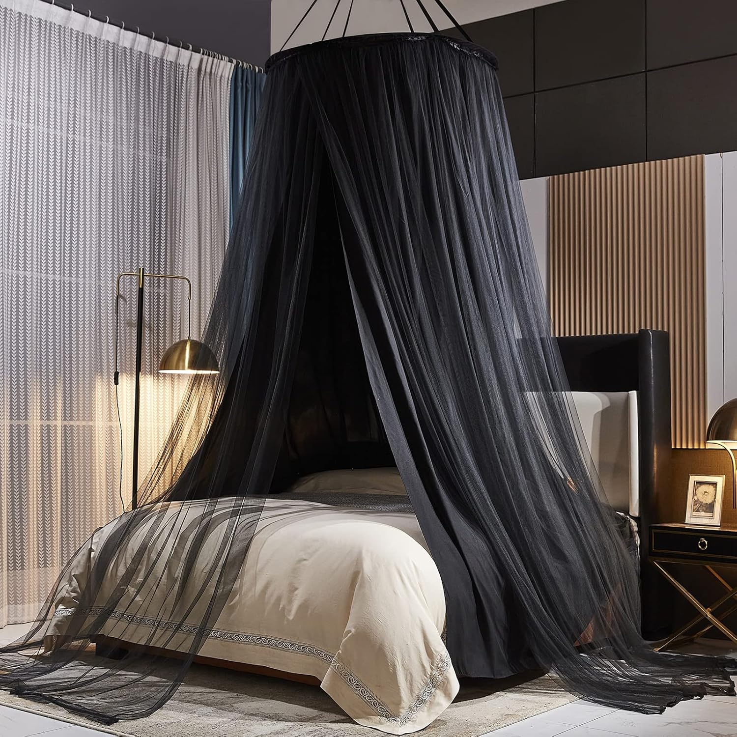 Kertnic Luxurious Bed Canopy for Girls & Adults - Double Layer Princess Canopy with Lace, Round Dome Mosquito Netting for Queen/King Bed Tent (Black) Dormly