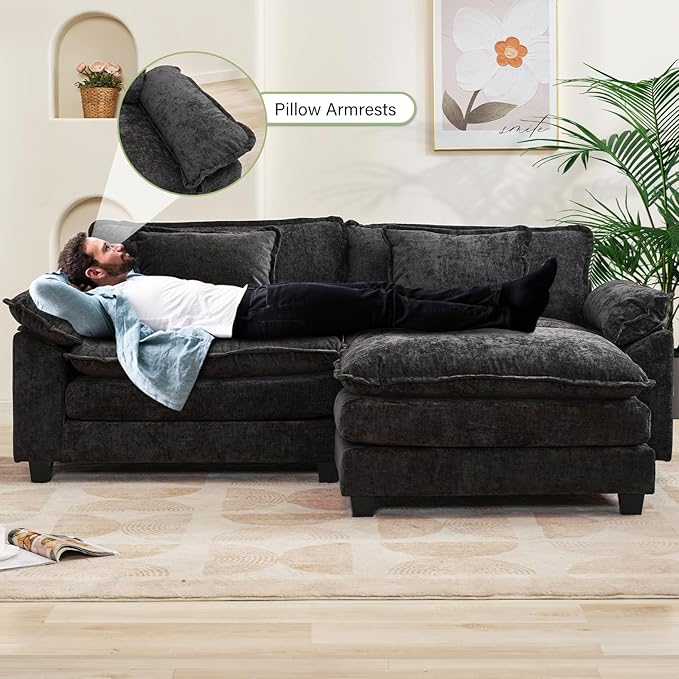 86" Modular Sectional Sofa, Comfy Cloud Couch Sectional Sofa with Ottoman, Chenille Sofa Sleeper Deep Seat Sofa with Throw Pillows for Living Room (Black, 86"- L Shape)