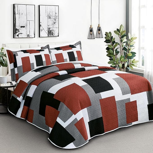 3 Piece Burnt Orange Grey Quilt Set California King Size Black White Geometric Reversible Bedding Set Microfiber Lightweight Bedspread Coverlet with 2 Shams Bed Cover for All Season, 118''x106''