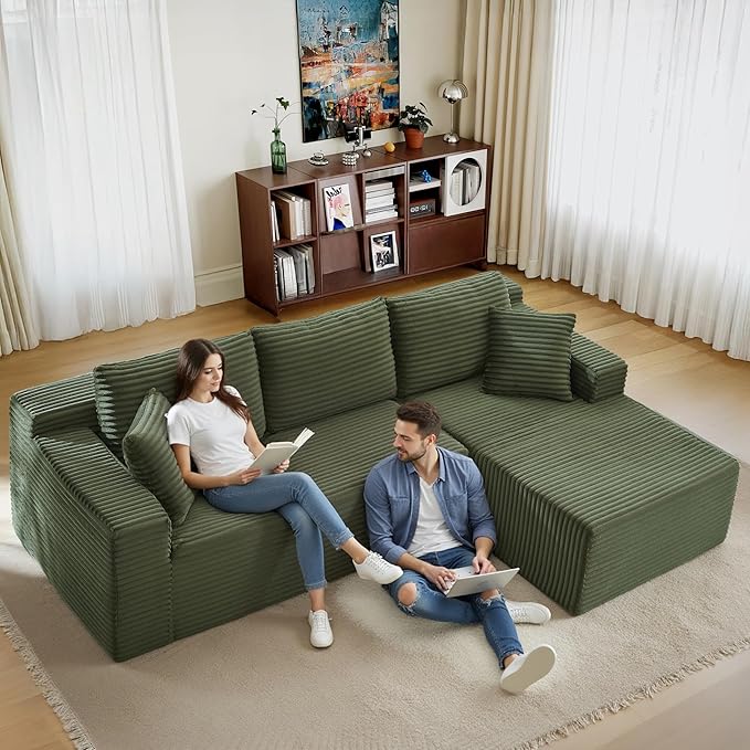 96''Sectional Couches for Living Room,Modern Modular Sectional Sofa,Upholstered Boneless Couch with Pockets,Comfy Cloud Couch with L Shaped Chaise (Green, 105''W Right Facing Chaise)