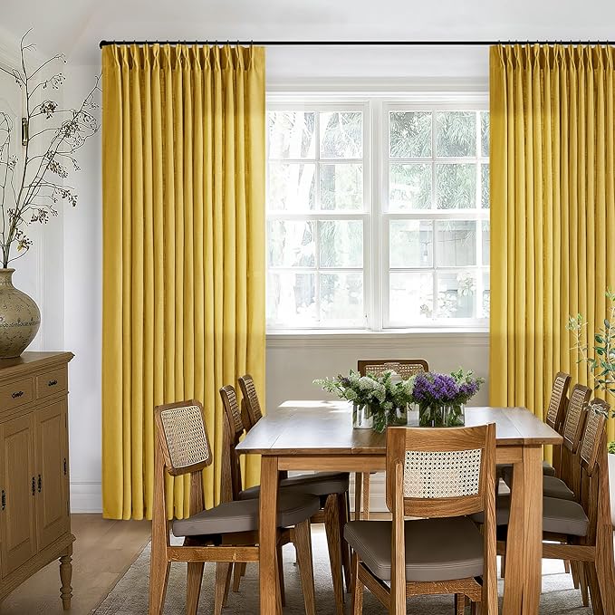 Pleated Linen Curtains 96 Inches Long for Living Room 2 Panel Set Semi Sheer Light Filtering Pinch Pleat with Rings Hooks Drapes Spring Farmhouse Rustic Mustard Yellow Gold Curtain Bedroom Window