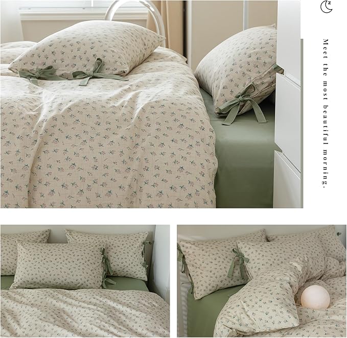 mixinni Country Style Duvet Cover Full Size - Cottagecore Green Floral Vintage Bedding 3PC with Bow Ties Pillowcases, 100% Cotton Soft Aesthetic Boho Comforter Cover for Girls-Full Size