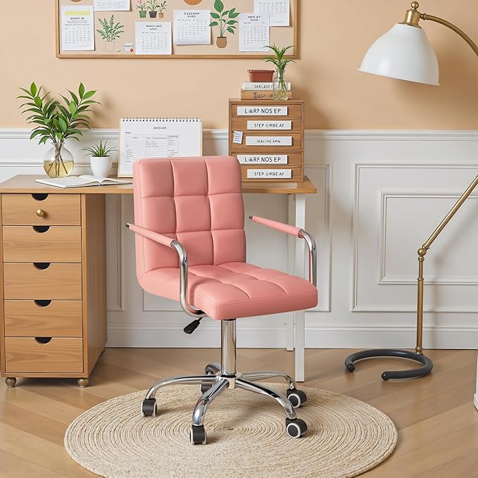 Furmax Mid-Back Office Task Chair Ribbed PU Leather Executive Chair Modern Adjustable Home Desk Chair Retro Comfortable Work Chair 360 Degree Swivel with Arms (Pink)