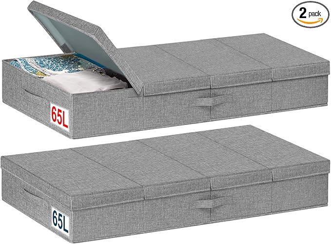 punemi Extra Large Under Bed Storage 65L, 42*16.5*5.8 in Tall underbed storage containers with Lids, Sturdy Closet Organizers and Storage Bins Bags for Blankets Comforter Sweaters Wrapping Paper 2PACK