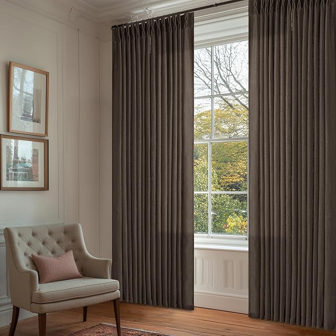 Dark Chocolate Pinch Pleated Linen Curtains 2 Panels for Living Room Bedroom Memory Training Shaped Semi Sheer Pleat Drapes with Hooks Rings Light Filtering Window Curtain 40x90