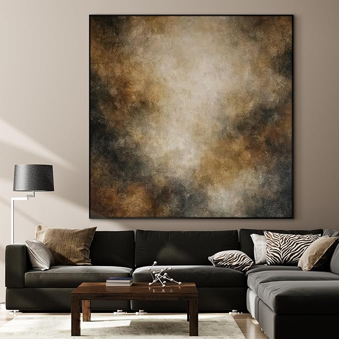 72"x72" XL Framed Wall Art - Neutral Abstract Brown and Beige Cloud-Like Painting Minimalist Foggy Forest Tranquil (Frame Assembly Required)