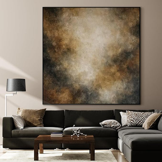 72"x72" XL Framed Wall Art - Neutral Abstract Brown and Beige Cloud-Like Painting Minimalist Foggy Forest Tranquil (Frame Assembly Required)