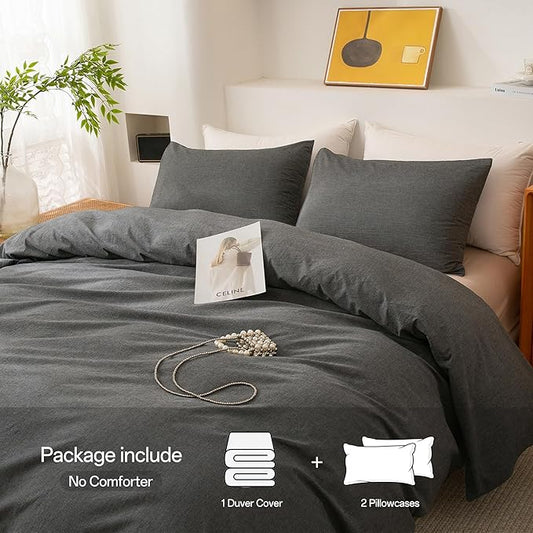 ECOCOTT 100% Washed Cotton Duvet Cover Super Queen Size – Soft & Breathable Linen Feel Bedding Set, 3 Pieces Grey Comforter Cover with Zipper Closure for All Seasons