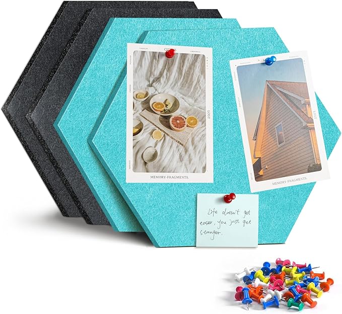 12" Large Bulletin Board with 15 Push Pins, Pack of 4 Hexagon Felt Pin Board Notice Boards for Home Office, Felt Wall Tiles for Photos Memos (Lake Blue Grey)