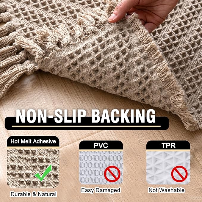 H.VERSAILTEX Waffle Bath Mat Super Absorbent Boho Bath Mat Non Slip Bath Rugs for Bathroom Floor Machine Washable Dry Fast Bathroom Rugs with Tassels (20 x 32 Plus 17 x 24 Inches, Irish Cream)
