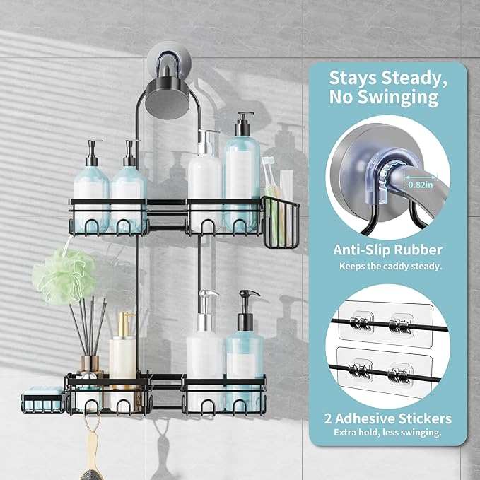 KEGII Shower Caddy Hanging for Handheld Showerheads, Rustproof Hanging Shower Organizer with Soap Holder, Toothbrush Holder and Hooks, Anti-Swing Bathroom Shower Rack for Renters, Apartments