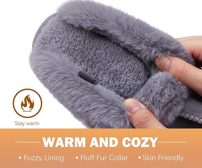KuaiLu Womens Fluff Dual Memory Foam Slippers Ladies Cozy Arch Support Warm Scuff Slippers Slip on Comfy Winter House Shoes with Non-Slip Indoor Outdoor Hard Sole
