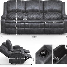 Velvet Fabric Recliner Sofa, 3 Seater Manual Reclining Sofa with 2-Tier Cushion, Reclining Couches for Living Room with Removable Console, Hidden Storage Space, Cup Holders - Grey