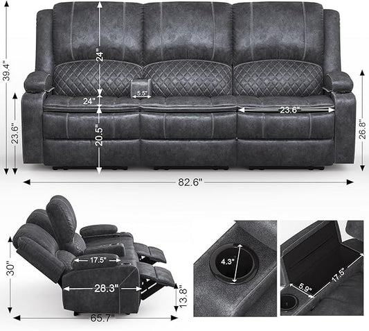 3-Seater Recliner Sofa, Manual Reclining Couch with Multi-Functional Middle Seat, Reclining Sofa for Living Room with Hidden Storage Space, Cup Holders, and Removable Console - Velvet Grey