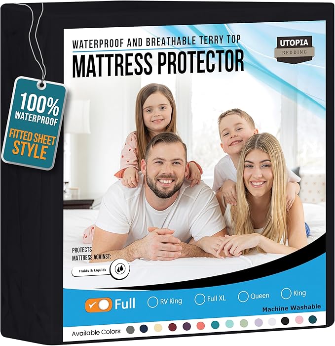 Utopia Bedding Waterproof Mattress Protector Full Size, Premium 200 GSM Terry Mattress Cover, Soft & Breathable Bed Cover, Fitted Sheet Style with Stretchable Deep Pockets 15" (Black)