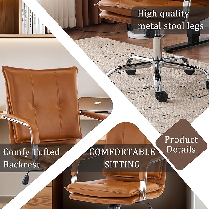 Mid-Back Ergonomic Leather Office Chair, Modern Upholstered Executive Desk Chair with Gold Frame Armrest Computer Task Chair (Camel &Silver Legs)