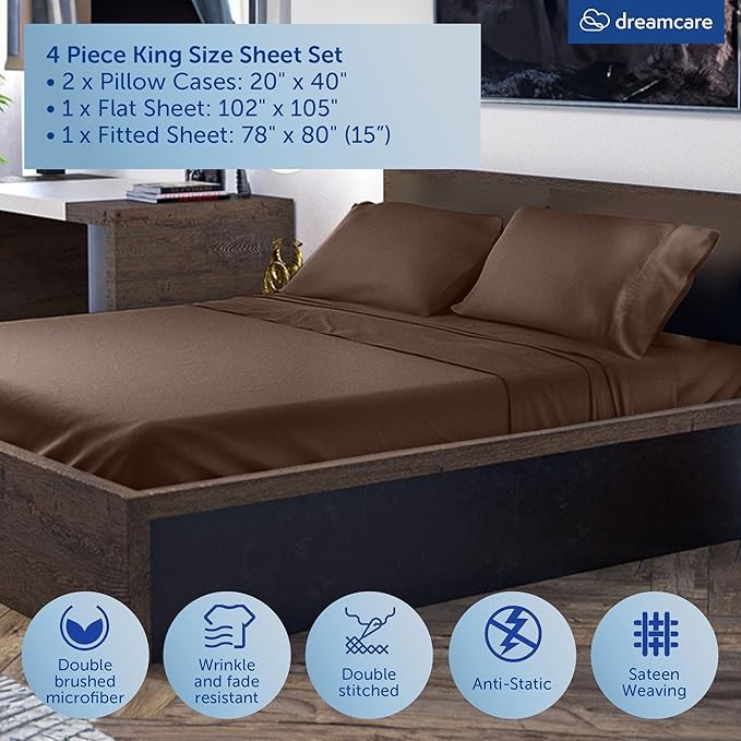 DREAMCARE King Size Sheets Set - Cooling Bed Sheets - 4pcs Set - up to 15" Deep Pocket King Sheet Set – Soft & Long Lasting Cooling - 100% Fine Brushed Microfiber with Side Pocket - Mocha Brown DREAMCARE