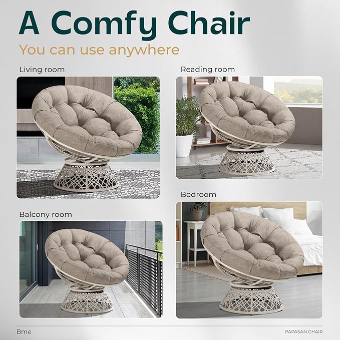 Bme 40" Ergonomic Wicker Papasan Chair with Soft Thick Density Fabric Cushion, High Capacity Steel Frame, 360 Degree Swivel for Living, Bedroom, Reading Room, Lounge