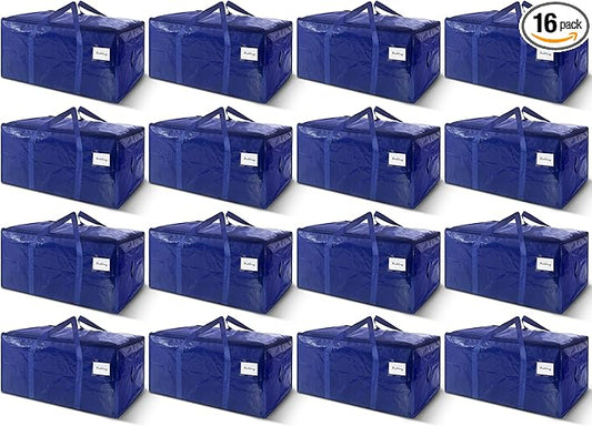 16 Pack Extra Heavy Duty Large Moving Bags with Strong Zipper & Carrying Handles, Sturdy Clothes Storage Bag Totes Bins, Packing Bags Moving Boxes College Moving Supplies, Dark Blue - 33 gal