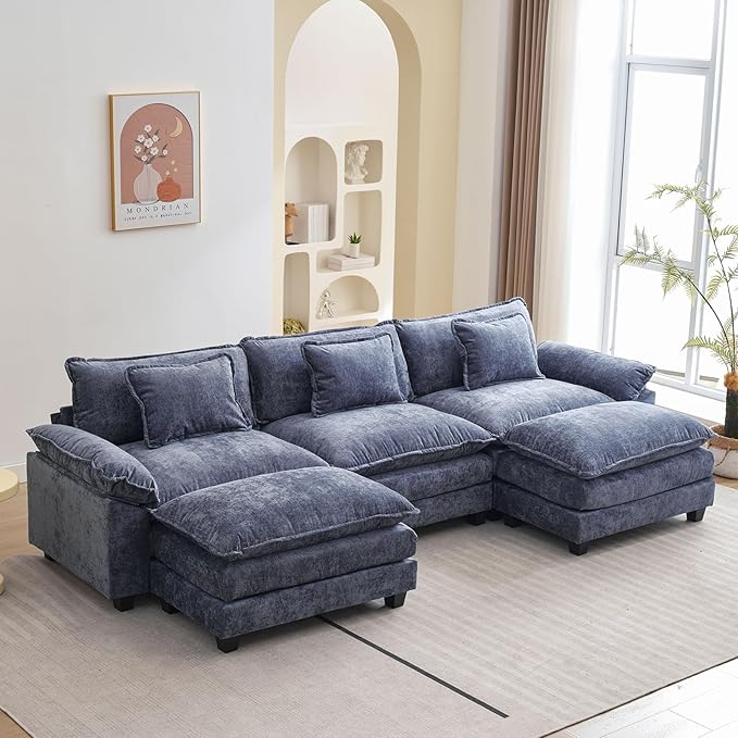 120" Modular Sectional Sofa, Comfy Cloud Couch Sectional Sofa with Ottoman, Chenille Sofa Sleeper Deep Seat Sofa with Throw Pillows for Living Room (Blue, 120"- U Shape)