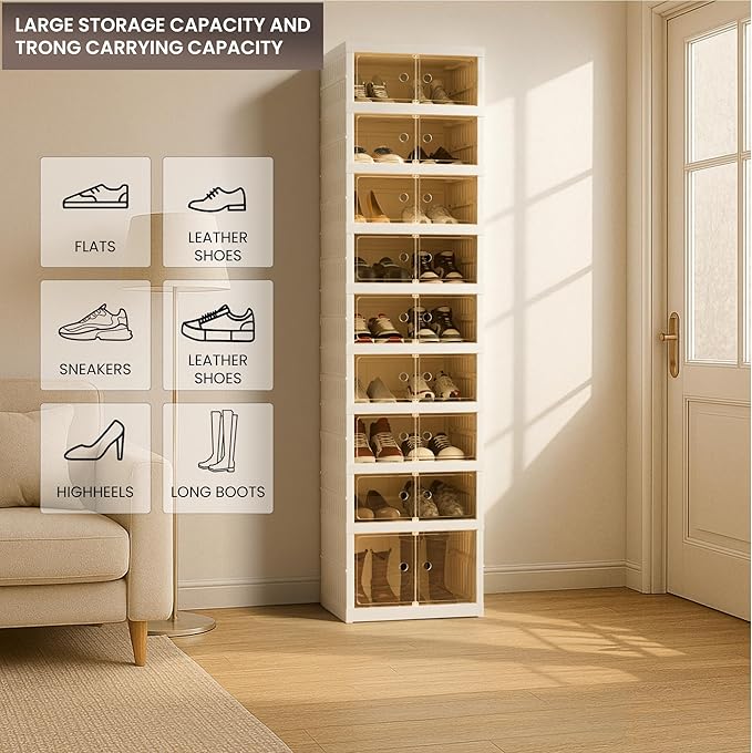 Foldable Shoe Organizer Storage Box, Portable Extra Large Folding Shoe Rack for Closet, Shoe Storage Box with Magnetic Transparent Door and Wheels, 9 Layers 18 Grids with 2 Big Grids