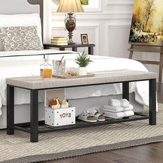 FOLUBAN Entryway Bench, Vintage Wood and Metal Storage Bench with Metal Shelf, Indoor Shoe Rack Bench Seat for Living Room, Bedroom, Hallway, Entrance, Light Grey, 47 Inch