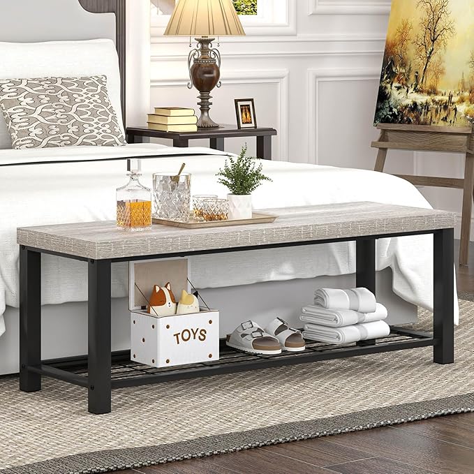 FOLUBAN Entryway Bench, Vintage Wood and Metal Storage Bench with Metal Shelf, Indoor Shoe Rack Bench Seat for Living Room, Bedroom, Hallway, Entrance, Light Grey, 47 Inch
