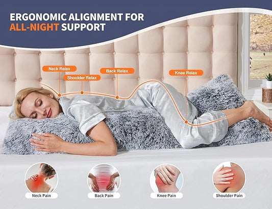 Fluffy Full Body Pillow for Adults 20x54 Long Big Body Pillow Cover Pillowcase with Memory Foam for bed Grey Pregnancy Cuddle Snuggles Body Pillows for Sleeping Side Sleeper Pillows for Adults